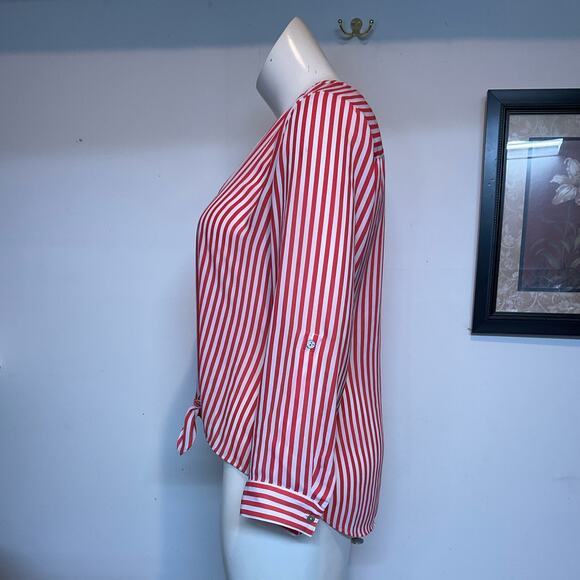 Chicos Blouse Womens Size 2 Large Tie Front Roll Tab Vee Neck Coral White Stripe - Picture 14 of 16
